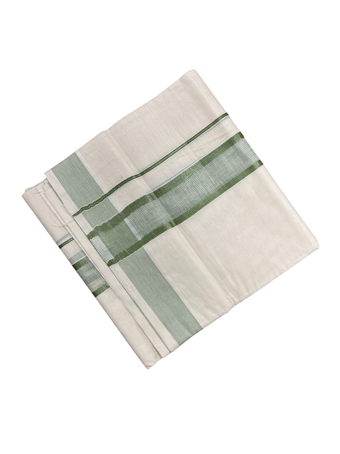 Southloom Kerala Pure Cotton Double Mundu with Silver Lines & Green Border (South Indian Dhoti)
