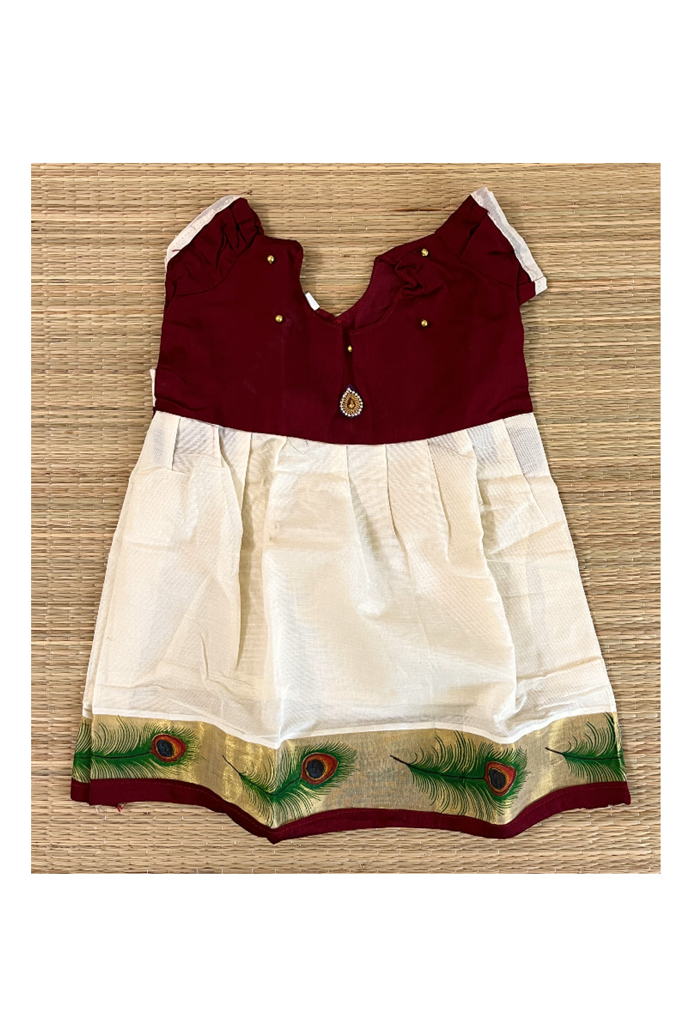 Southloom Kerala Cotton Frock with Maroon Bead Work Designs for Kids (1 Year)