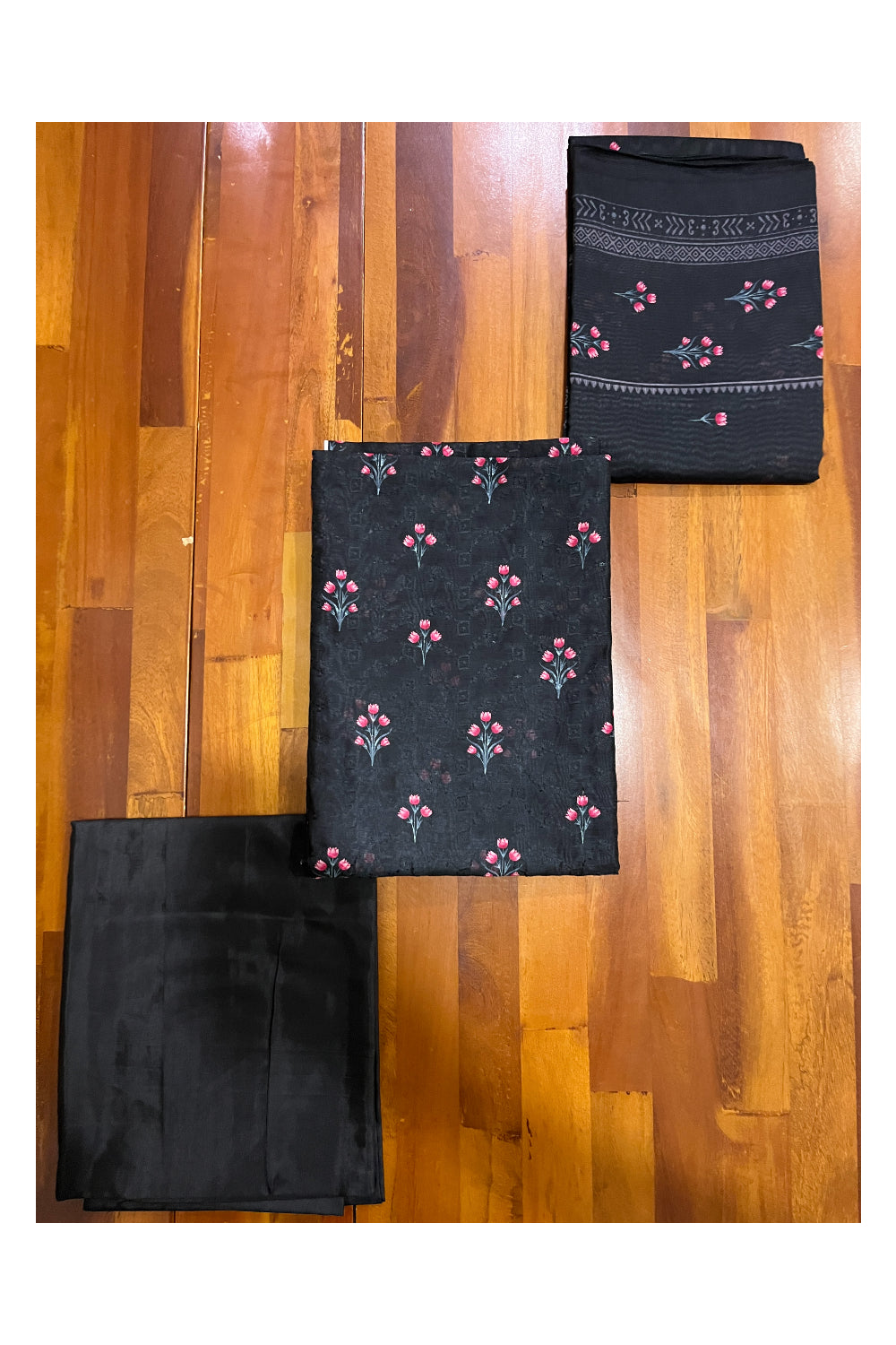 Southloom™ Semi Tussar Churidar Salwar Suit Material in Black with Floral Prints