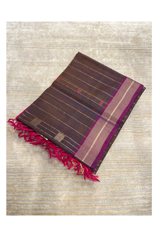 Southloom Pure Handloom Cotton Silk Saree With Handwoven Work Across Body and Blouse in Brown  And Pink