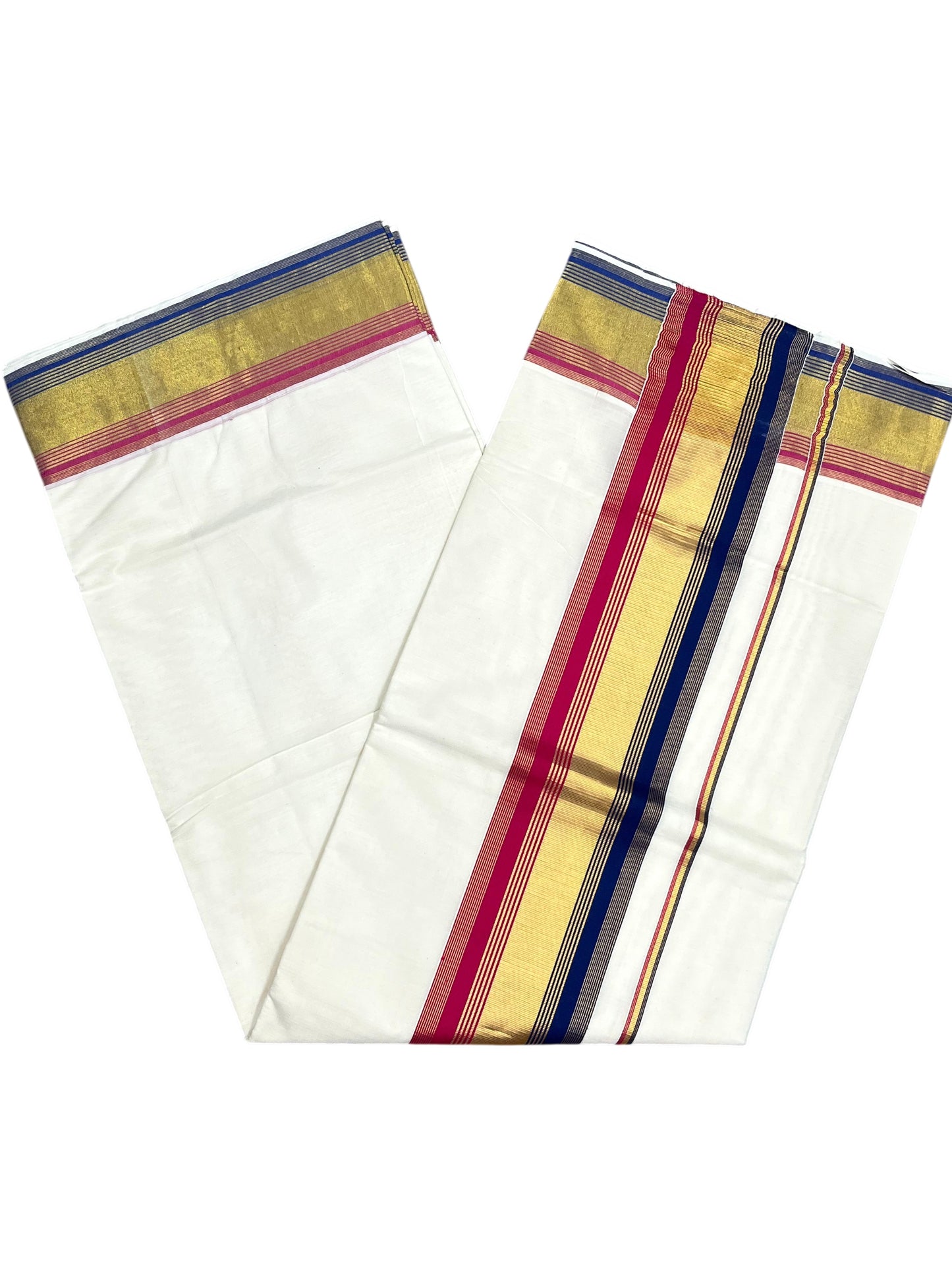 Southloom Kerala Cotton Kasavu Saree with Blue And Pink Border