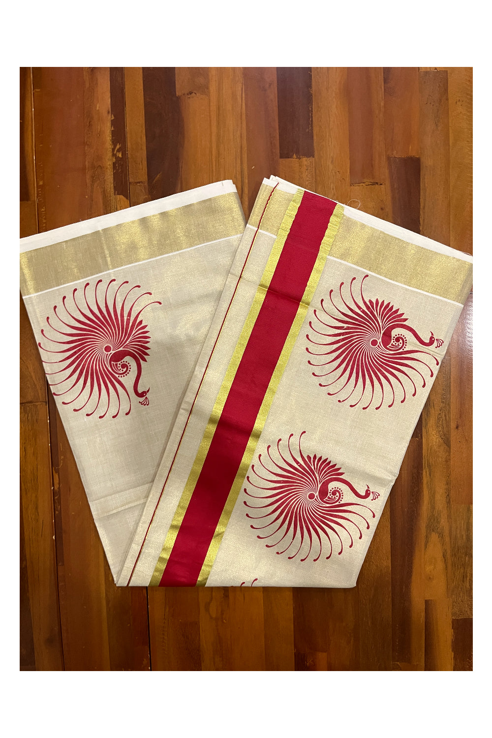 Kerala Tissue Kasavu Saree with Red Block Prints and Kasavu Border