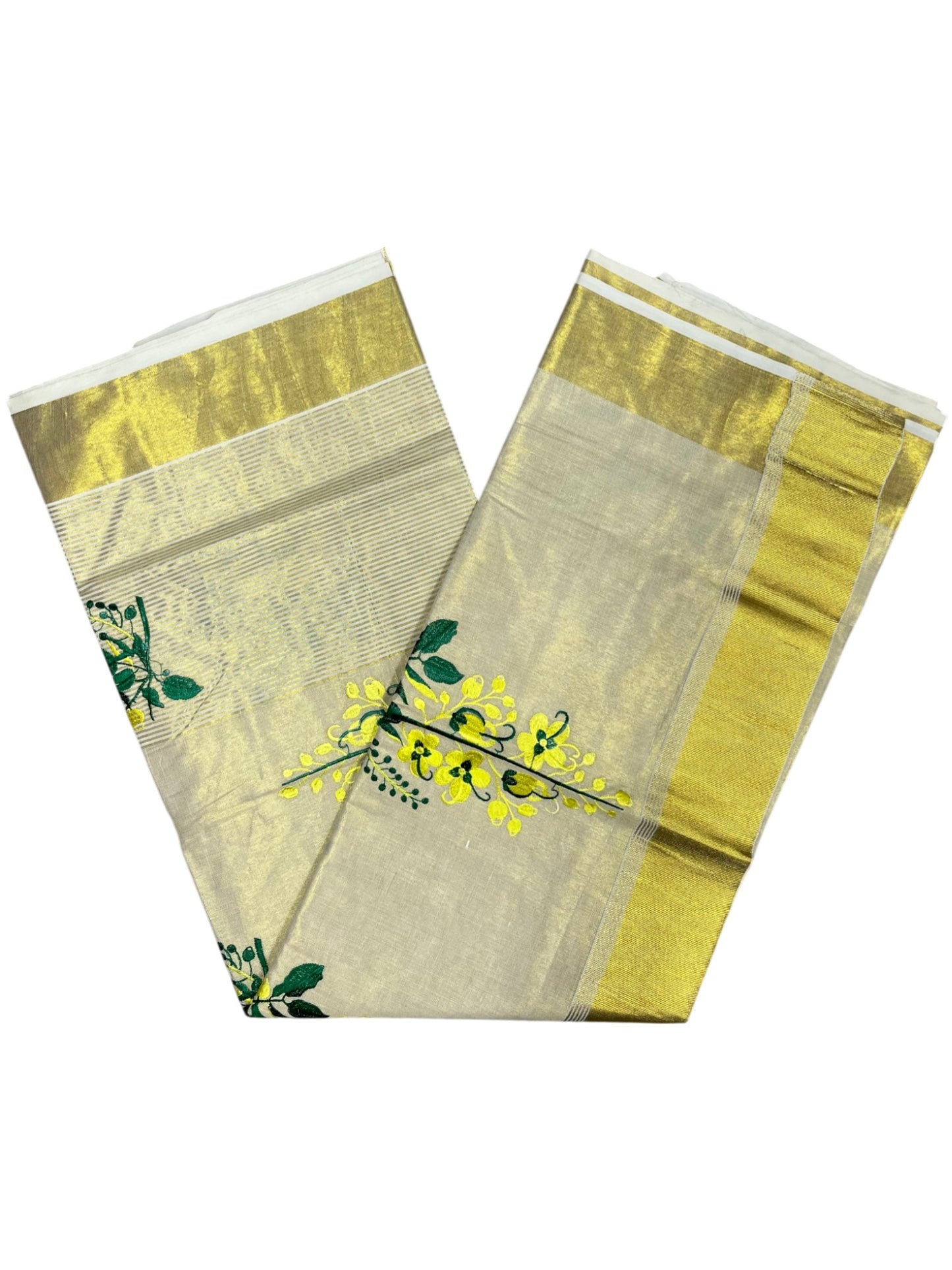 Southloom Tissue Kerala Kasavu Saree with Kanikonna Embroidery Work on Body