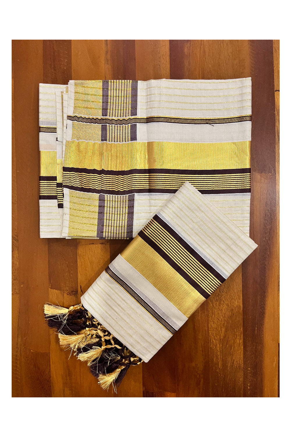 Pure Cotton Kerala Set Mundu with Kasavu Lines on Body Brown Border and Tassels Designs 2.80 Mtrs