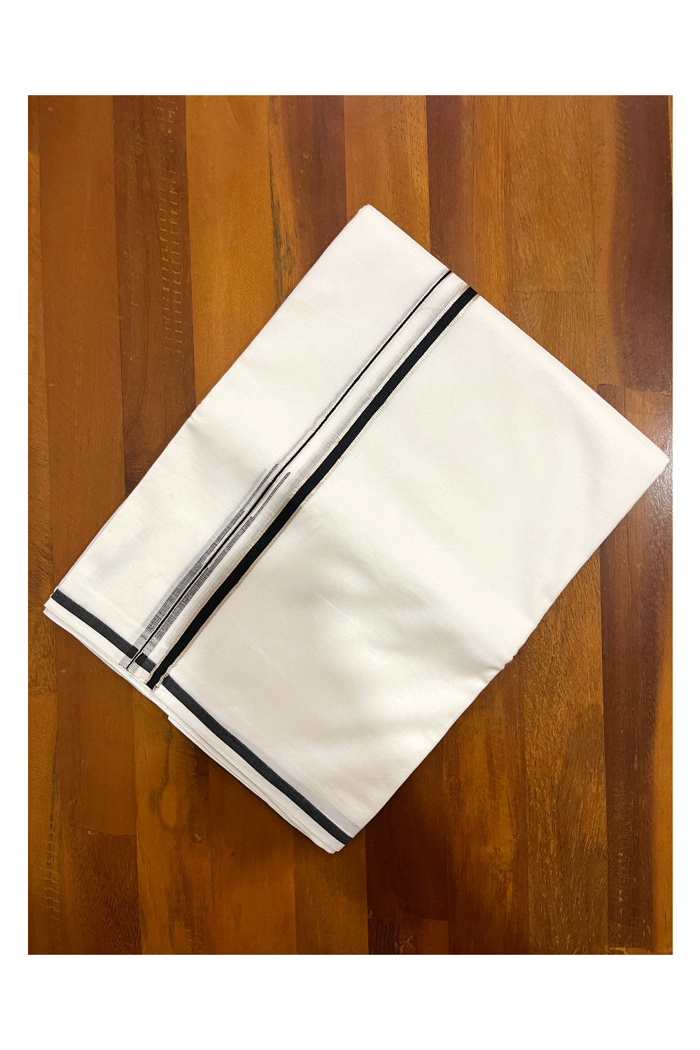 Pure White Cotton Double Mundu with Silver Kasavu and Black Puliyilakkara Chutti Border (South Indian Kerala Dhoti)