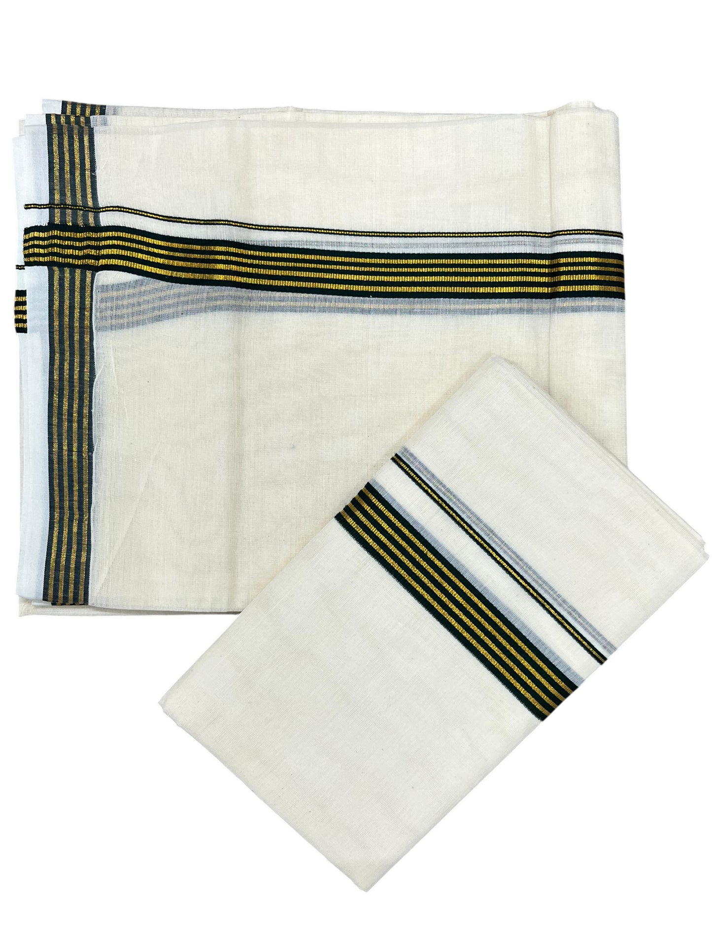 Southloom Pure Cotton Kerala Single Set Mundu (Mundum Neriyathum) with Green Kasavu Border in 2.80 Mtrs