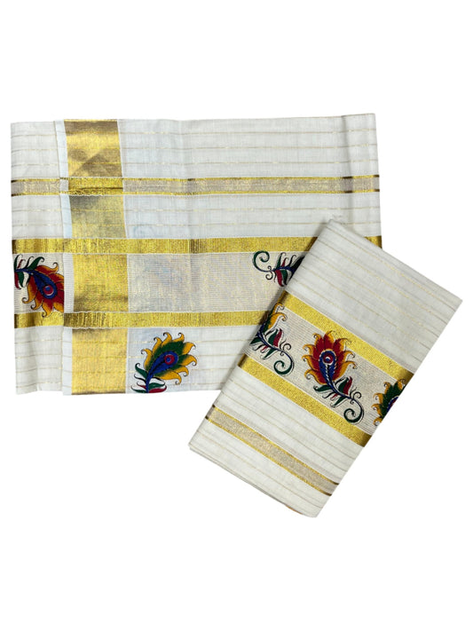 Southloom Cotton Lines Single Set Mundu (Mundu Neriyathum) With Peacock Feather Print And Gold Border Kasavu in 2.80 Mtrs