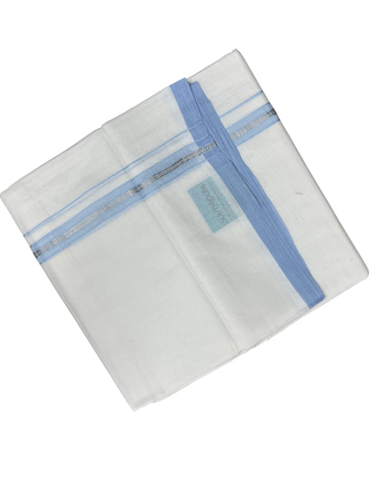 Southloom Pure White Cotton Mundu with Blue & Silver Line Border (South Indian Kerala Dhoti)