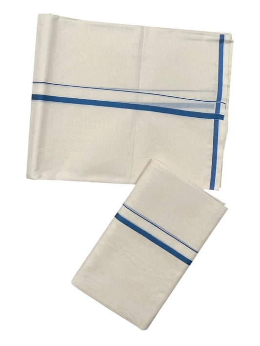 Kerala Cotton Mundum Neriyathum Single (Set Mundu) with Blue Puliyilakkara 2.80Mtrs