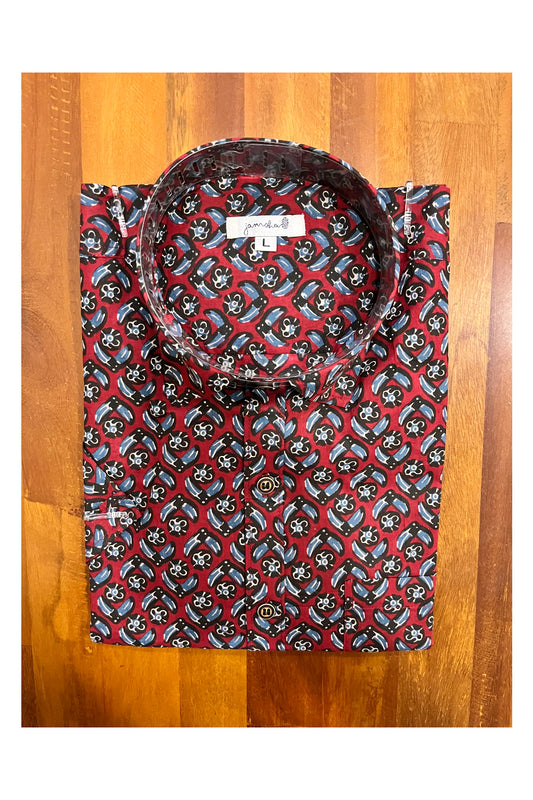 Southloom Jaipur Cotton Maroon Hand Block Printed Shirt (Half Sleeves)