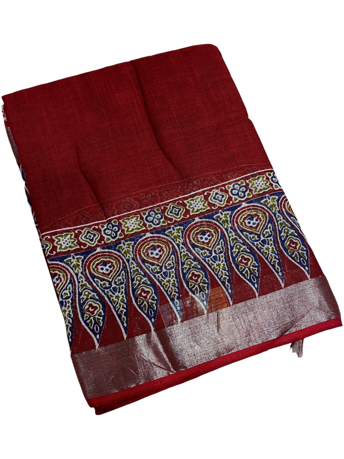 Southloom Ajrakh Hand Block Print Linen Saree in Saffron Maroon Shade (Printed Blouse Included)