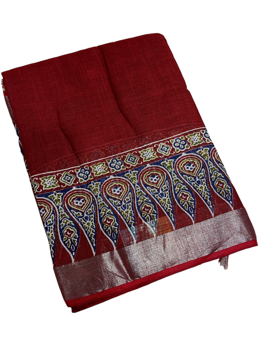 Southloom Ajrakh Hand Block Print Linen Saree in Saffron Maroon Shade (Printed Blouse Included)