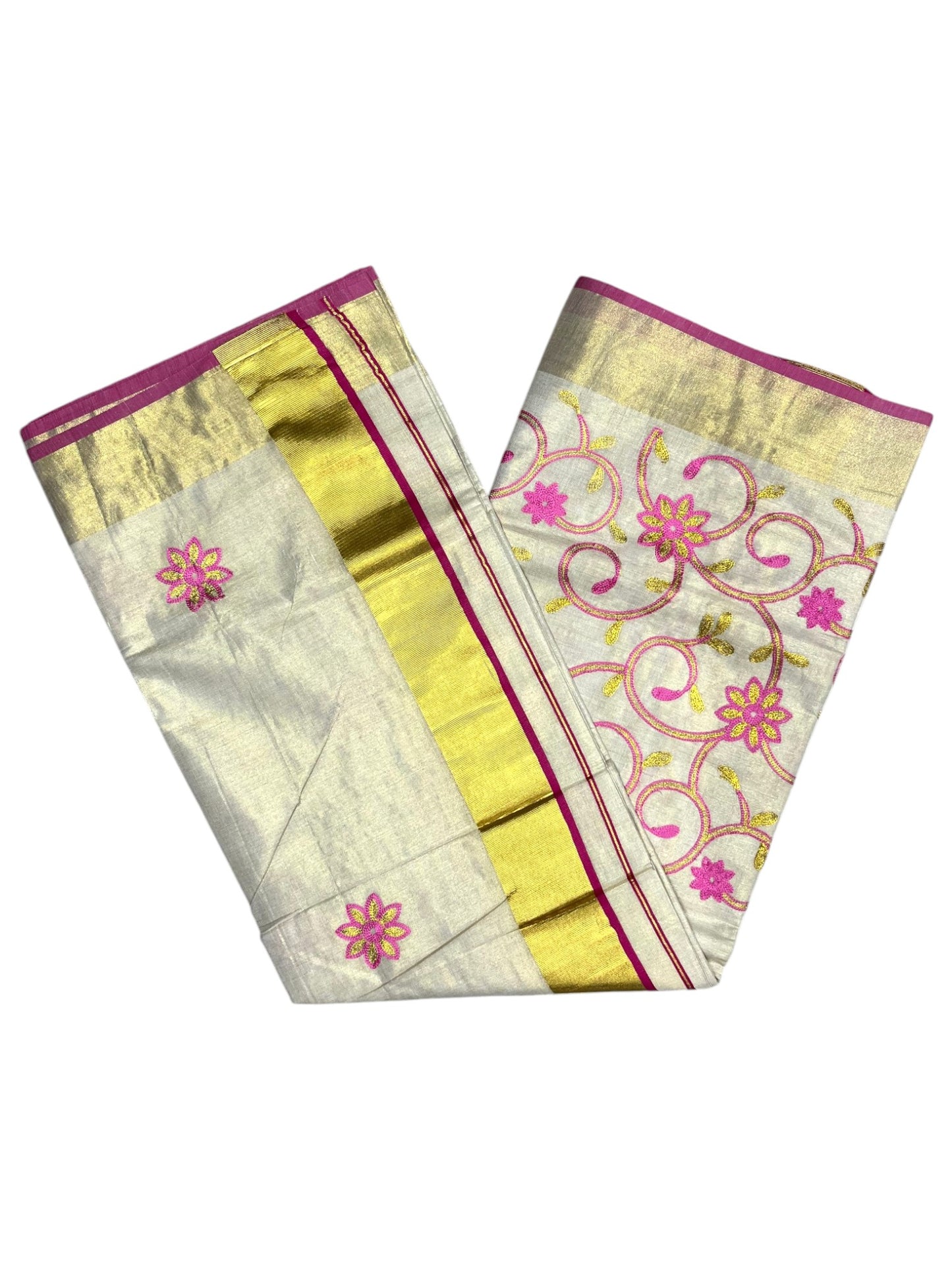 Southloom Kerala Tissue Kasavu Saree With Pink and Golden Floral Embroidery Works
