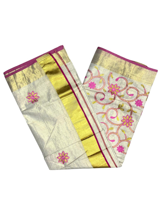 Southloom Kerala Tissue Kasavu Saree With Pink and Golden Floral Embroidery Works