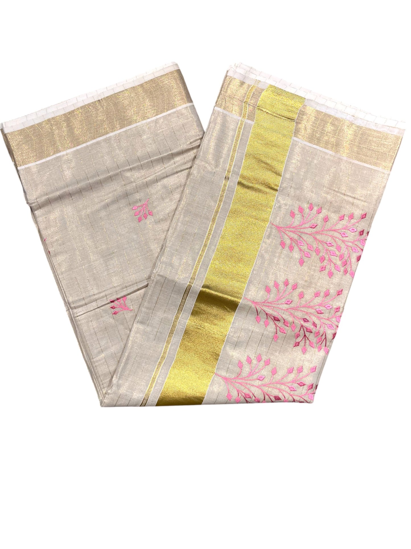 Southloom Tissue Kerala Kasavu Saree with Floral Embroidery Design