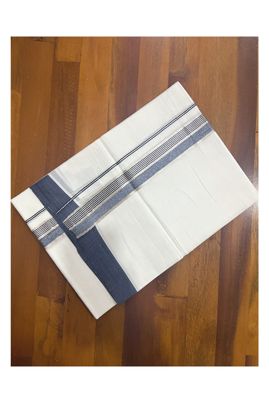 Pure White Cotton Double Mundu with Blue and Silver Kasavu Border (South Indian Kerala Dhoti)