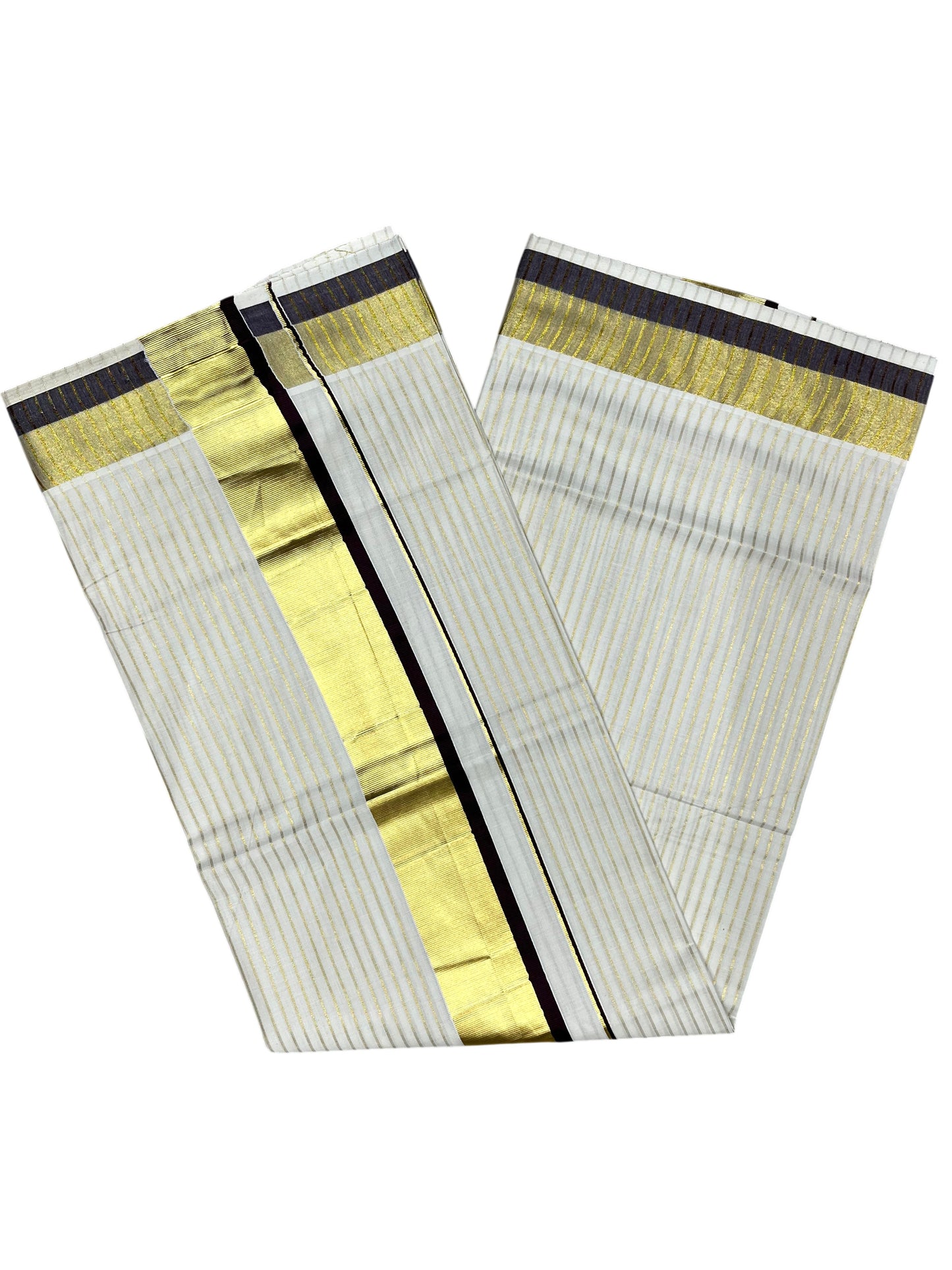 Southloom Pure Cotton Kerala Saree with Gold Kasavu Lines Across Body and Brown Border