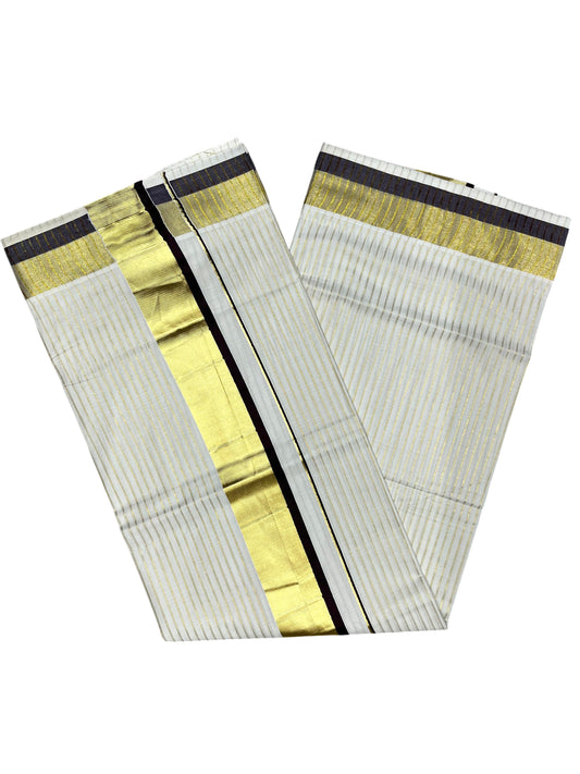 Southloom Pure Cotton Kerala Saree with Gold Kasavu Lines Across Body and Brown Border