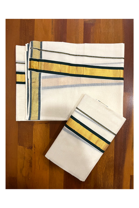 Kerala Cotton Mundum Neriyathum Single (Set Mundu) with Dark Green and Kasavu Border 2.80 Mtrs SLKK