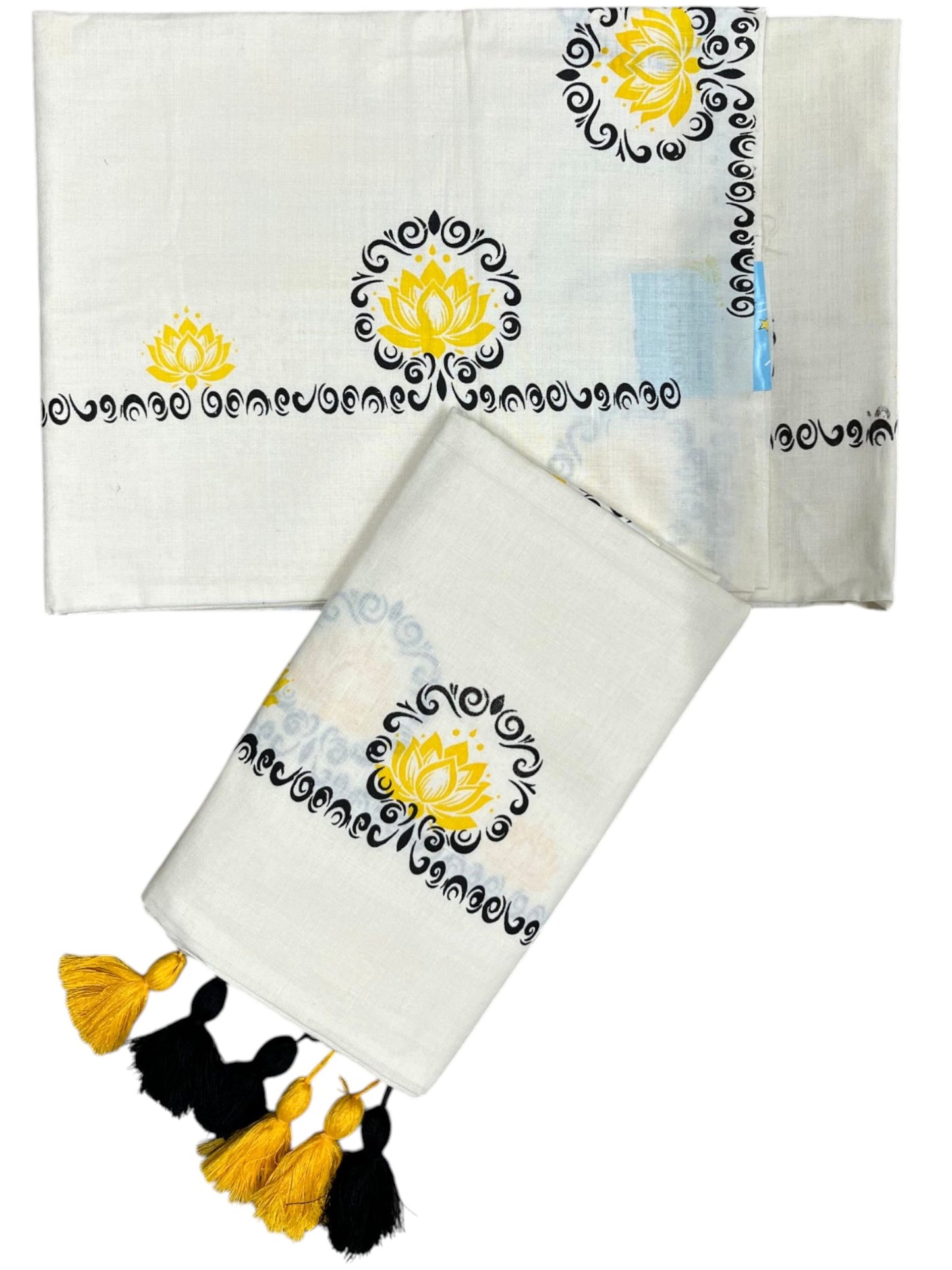 Southloom Kerala Cotton Single Set Mundu (Mundum Neriyathum) with Yellow &Black Lotus Block Printed Design