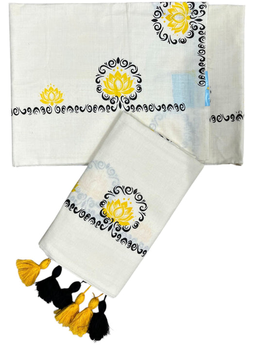 Southloom Kerala Cotton Single Set Mundu (Mundum Neriyathum) with Yellow &Black Lotus Block Printed Design
