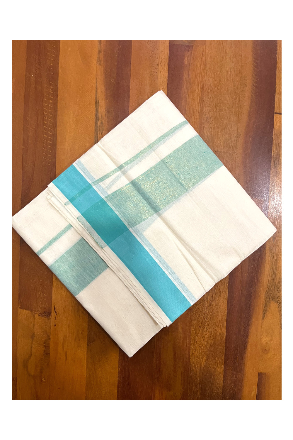 Pure Cotton Kerala Double Mundu with Turquoise Kasavu Kara (South Indian Kerala Dhoti)