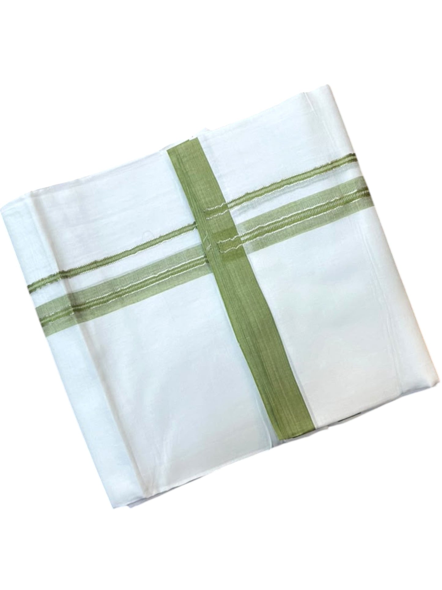 Southloom Pure White Cotton Mundu with Olive Green & Silver Line Border (South Indian Kerala Dhoti)