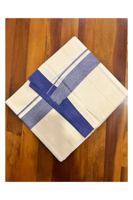 Kerala Pure Cotton Double Mundu with Blue Border (South Indian Kerala Dhoti)