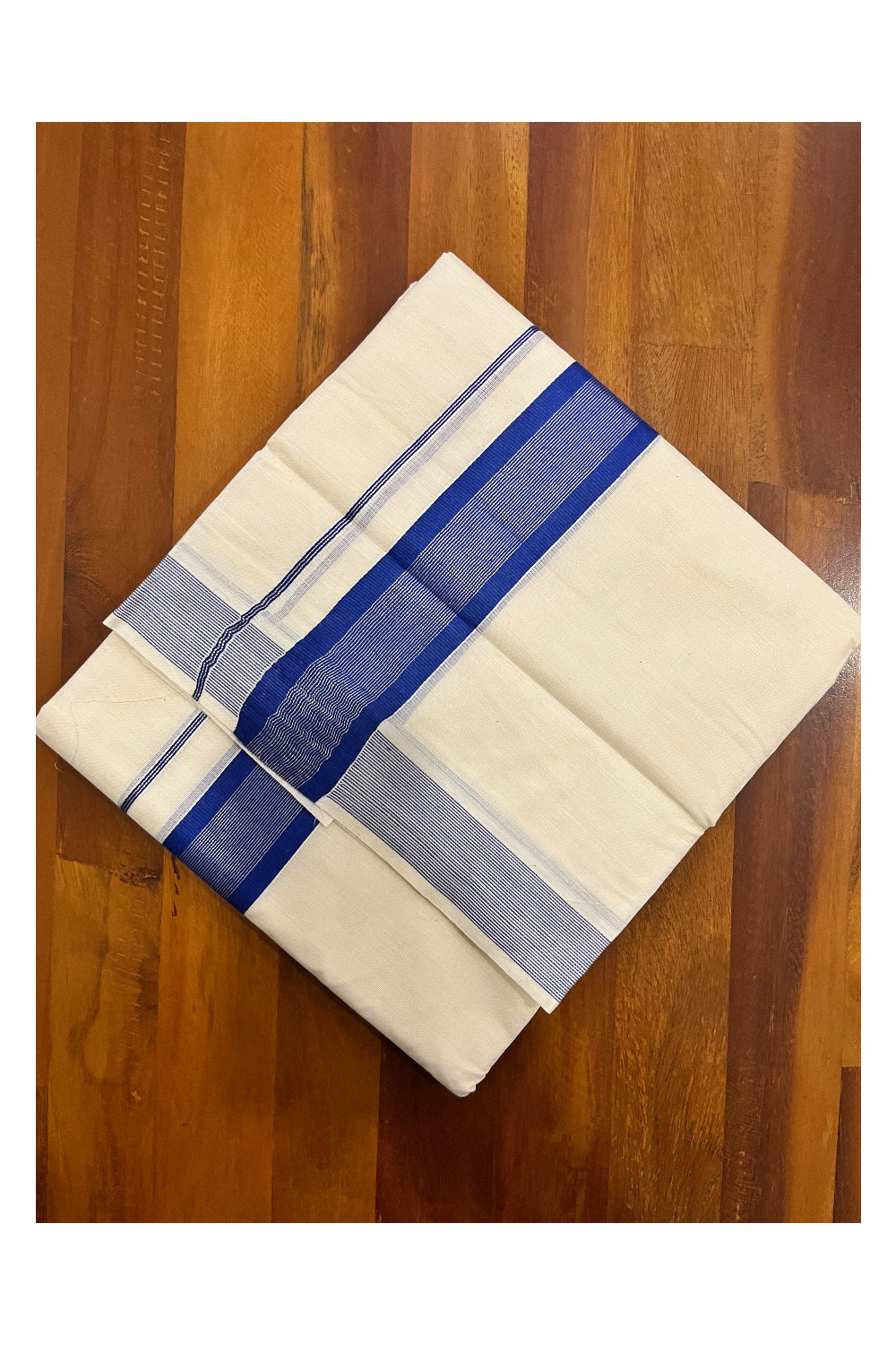 Kerala Pure Cotton Double Mundu with Blue and Silver Kasavu Border (South Indian Kerala Dhoti)