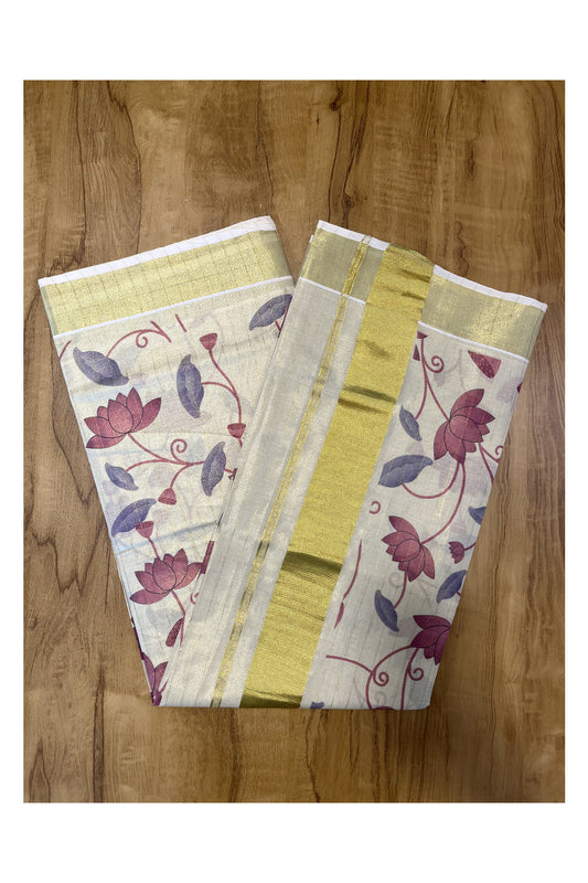 Kerala Tissue Kasavu Lines Saree with Purple Floral Kalamkari Design