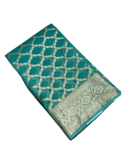 Southloom Cotton Banarasi Silk Saree with Woven Work on Body and Borders (Turquoise)