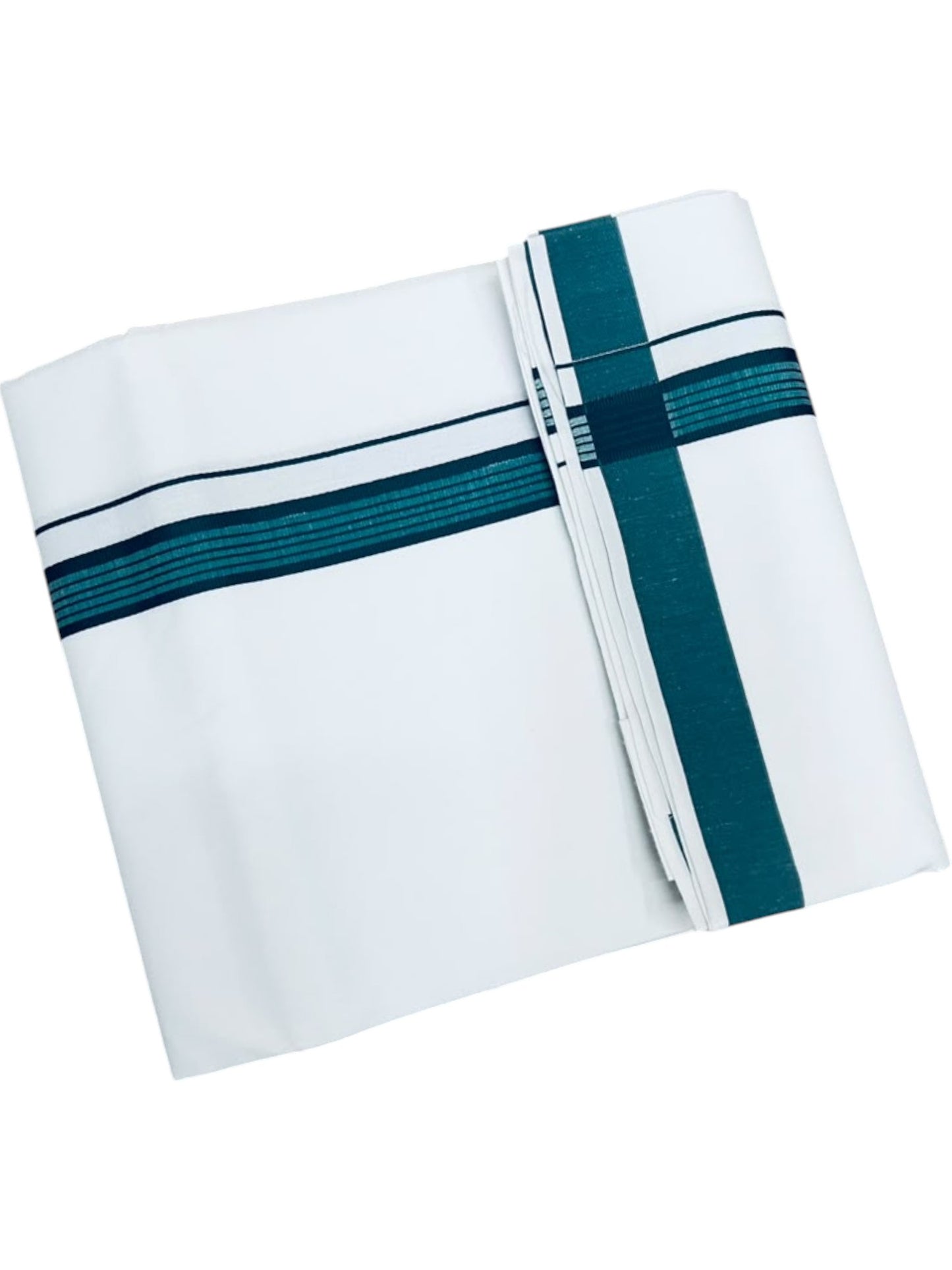 Southloom Pure White Single Cotton Mundu with Peacock Blue (South Indian Kerala Dhoti)