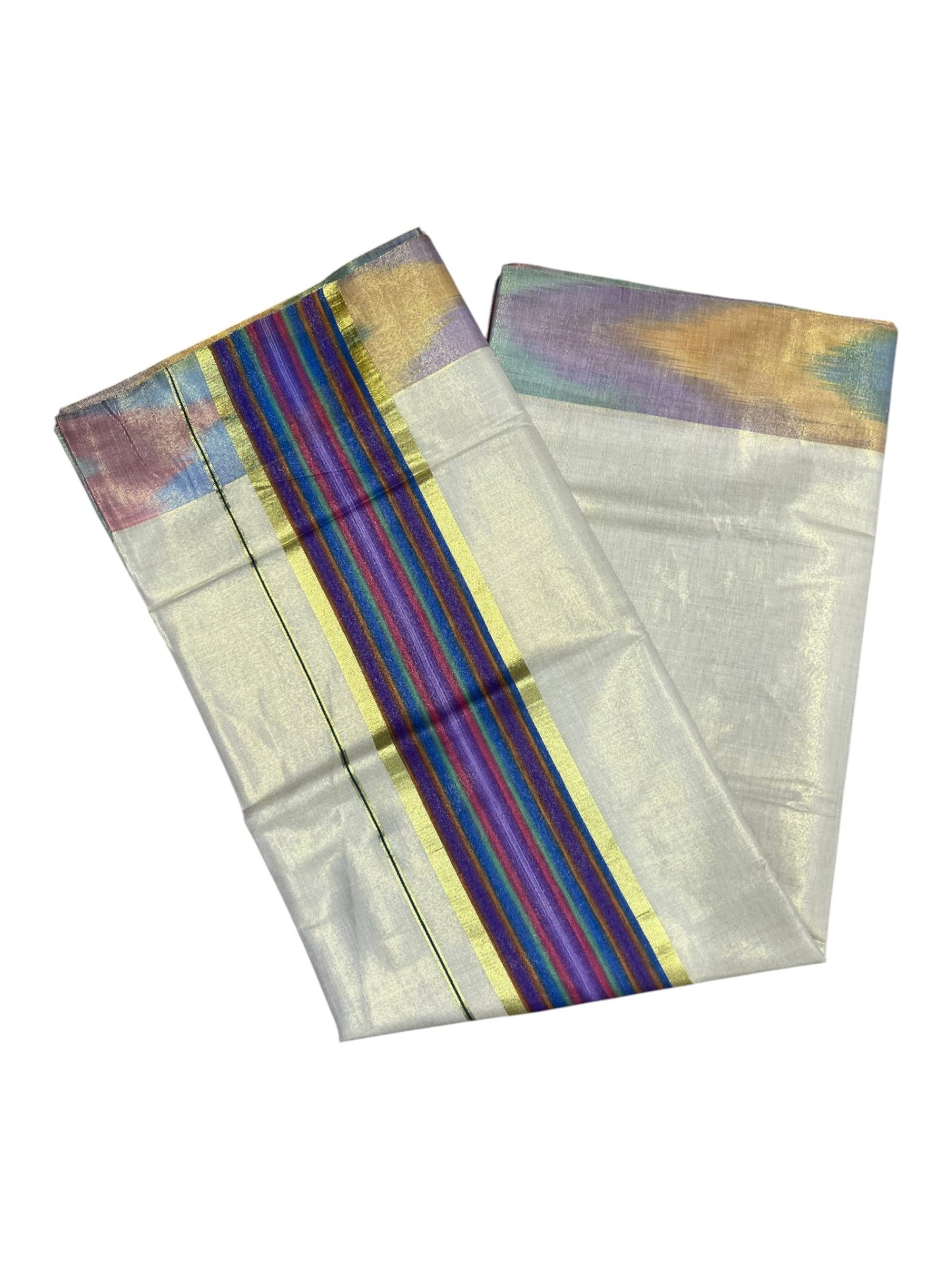 Southloom Kerala Tissue Kasavu Saree with Multi Colour Pochampally Design on Borders and Kara
