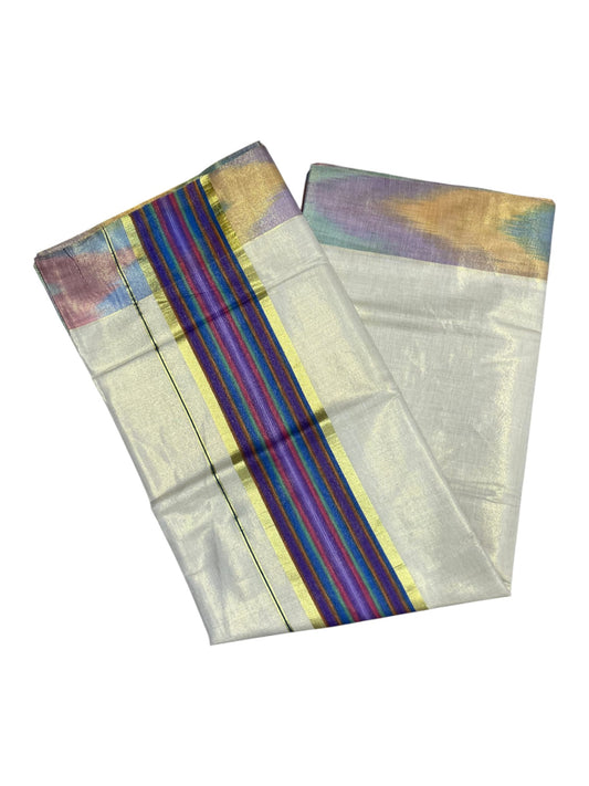 Southloom Kerala Tissue Kasavu Saree with Multi Colour Pochampally Design on Borders and Kara