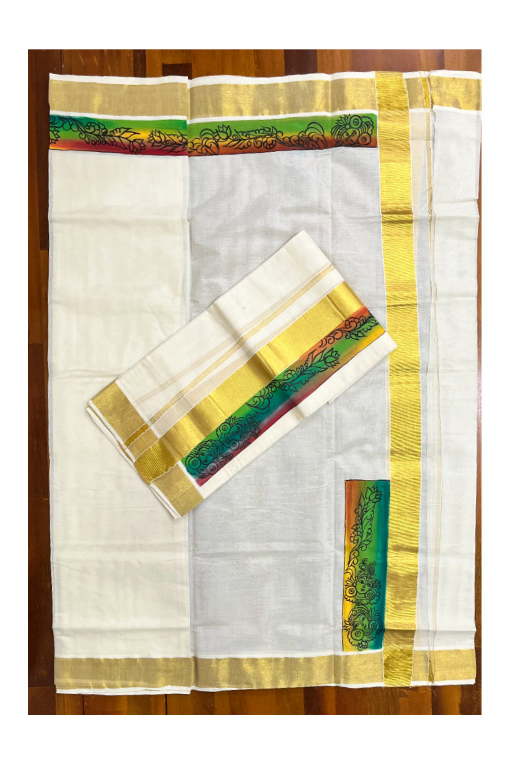 Kerala Cotton Single Set Mundu (Mundum Neriyathum) with Hand Painted Designs with Kasavu Border - 2.80Mtrs