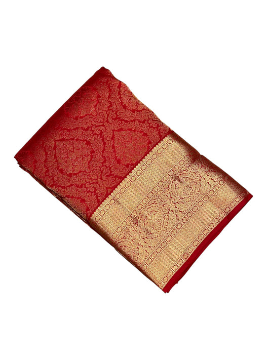 Southloom Pure Handloom Bridal Kanchipuram Silk Saree with Korvai Work (Red)