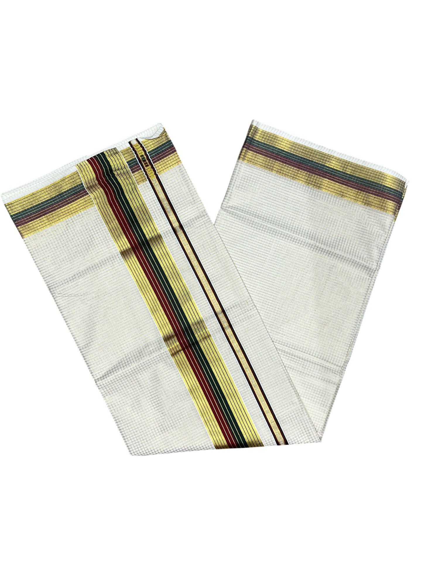 Southloom Kerala Cotton Kasavu Saree with Micro Check Design on Body in Maroon & Green Border