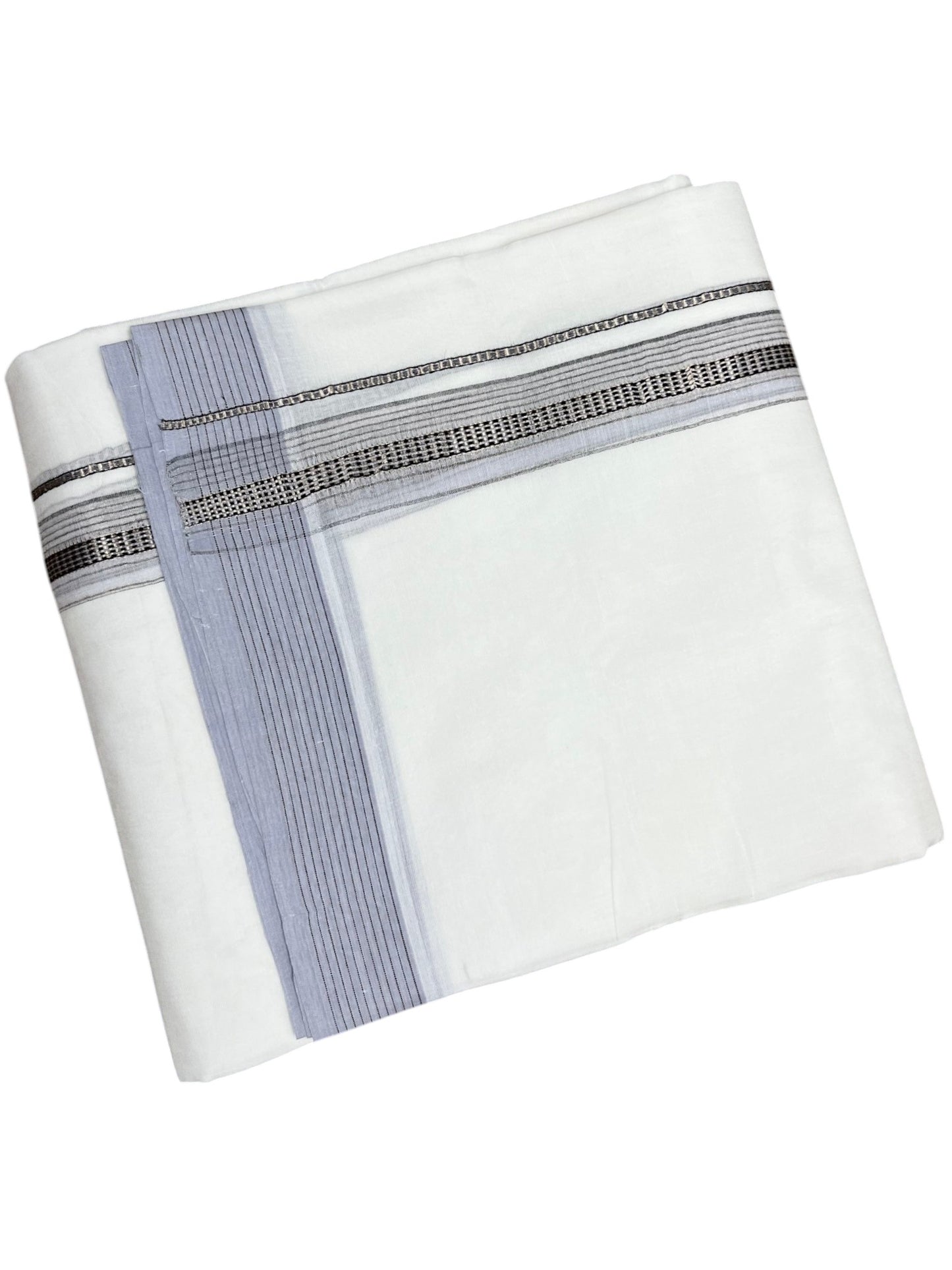 Southloom Pure White Cotton Mundu with Silver Line & Gray Border (South Indian Kerala Dhoti)