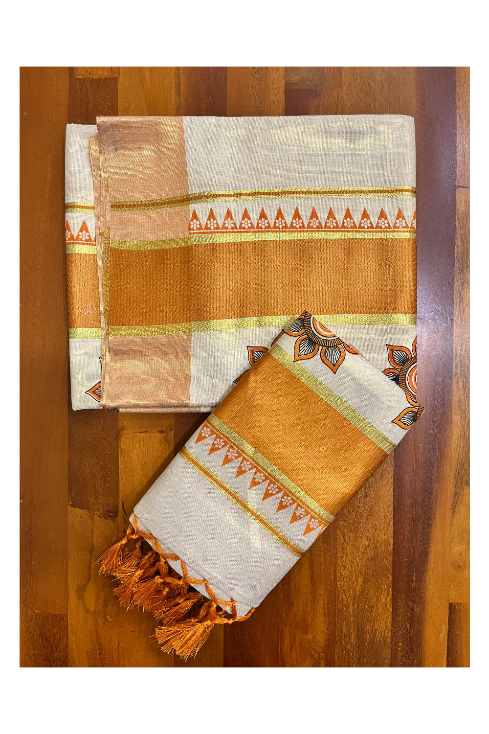 Kerala Tissue Single Set Mundu (Mundum Neriyathum) with Block Prints and Orange Border 2.80 Mtrs (Vishu 2024 Collection)