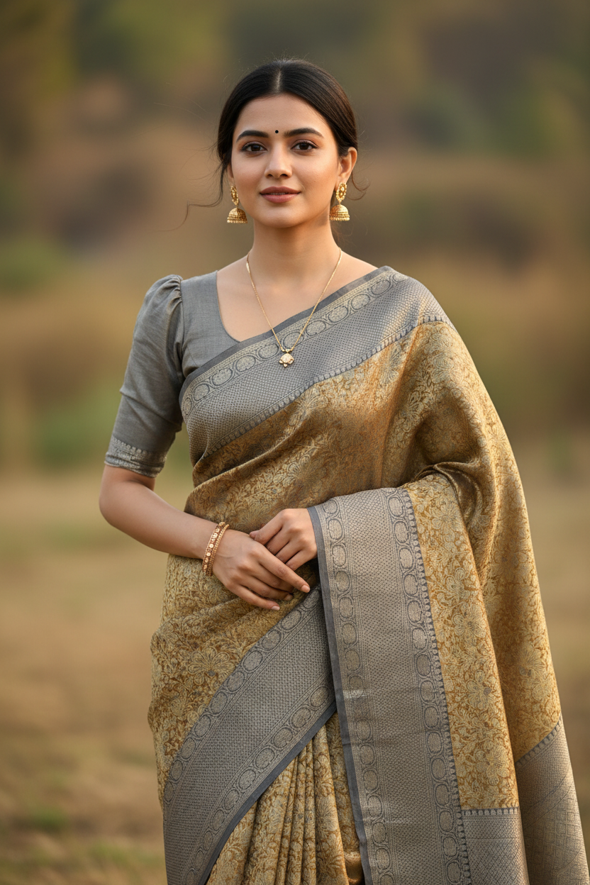 Southloom Semi Banarasi Katan Tissue Saree with Woven Work on Body and Borders (Golden & Grey)