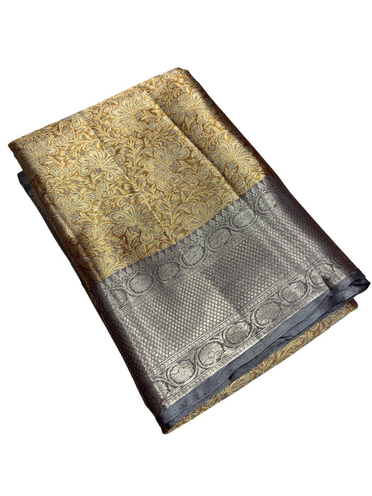 Southloom Semi Banarasi Katan Tissue Saree with Woven Work on Body and Borders (Golden & Grey)
