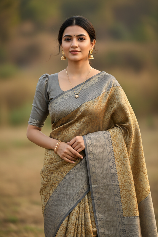 Southloom Semi Banarasi Katan Tissue Saree with Woven Work on Body and Borders (Golden & Grey)