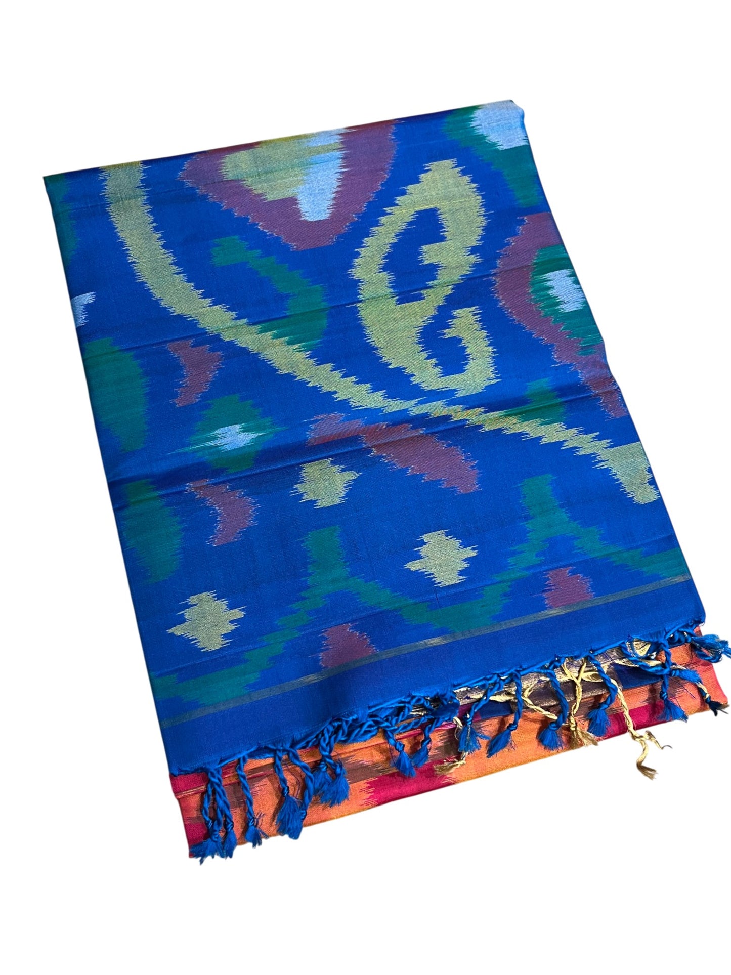 Southloom Pure Handloom Bridal Kanchipuram Silk Saree with Pochampally Work (Orange & Blue)