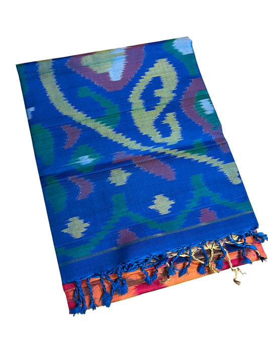 Southloom Pure Handloom Bridal Kanchipuram Silk Saree with Pochampally Work (Orange & Blue)