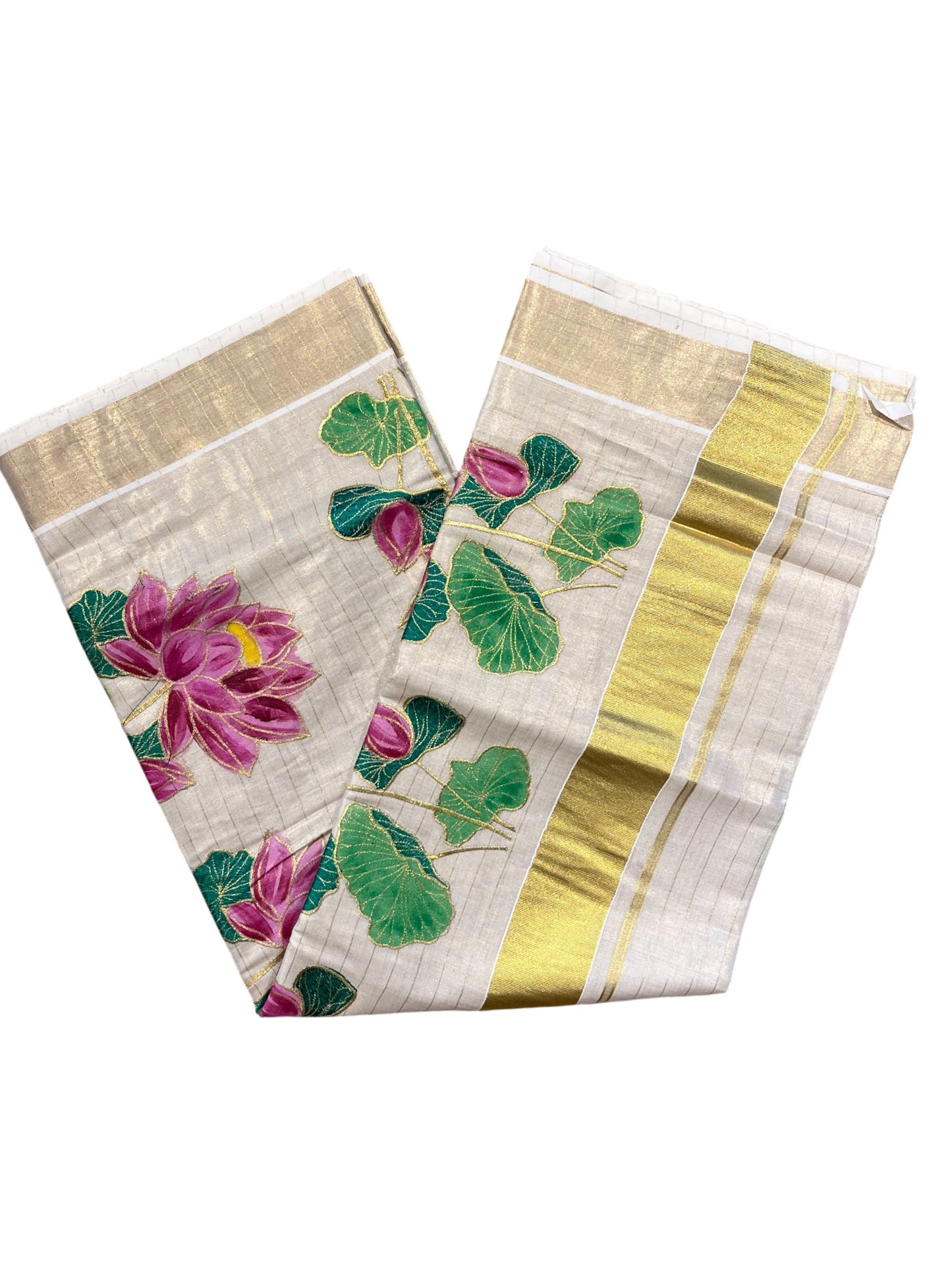 Southloom Tissue Kerala Kasavu Saree with Hand Painted Embroidery Lotus Design