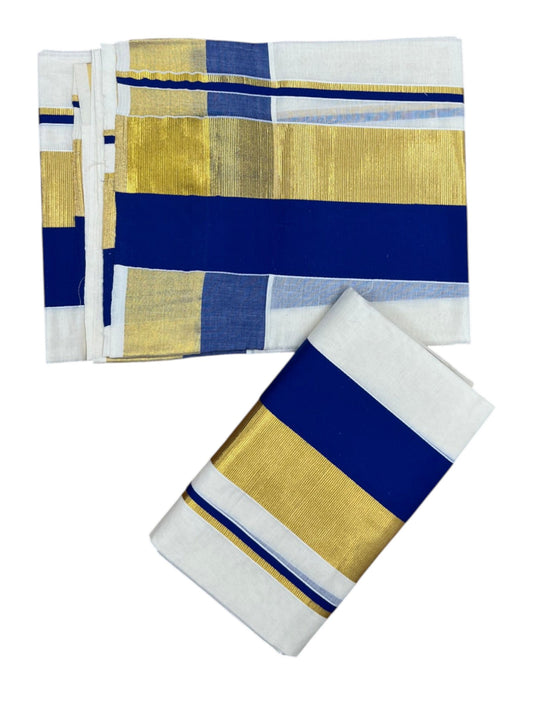 Kerala Cotton Set Mundu (Mundum Neriyathum) with Blue and Kasavu Border 2.80 Mtrs