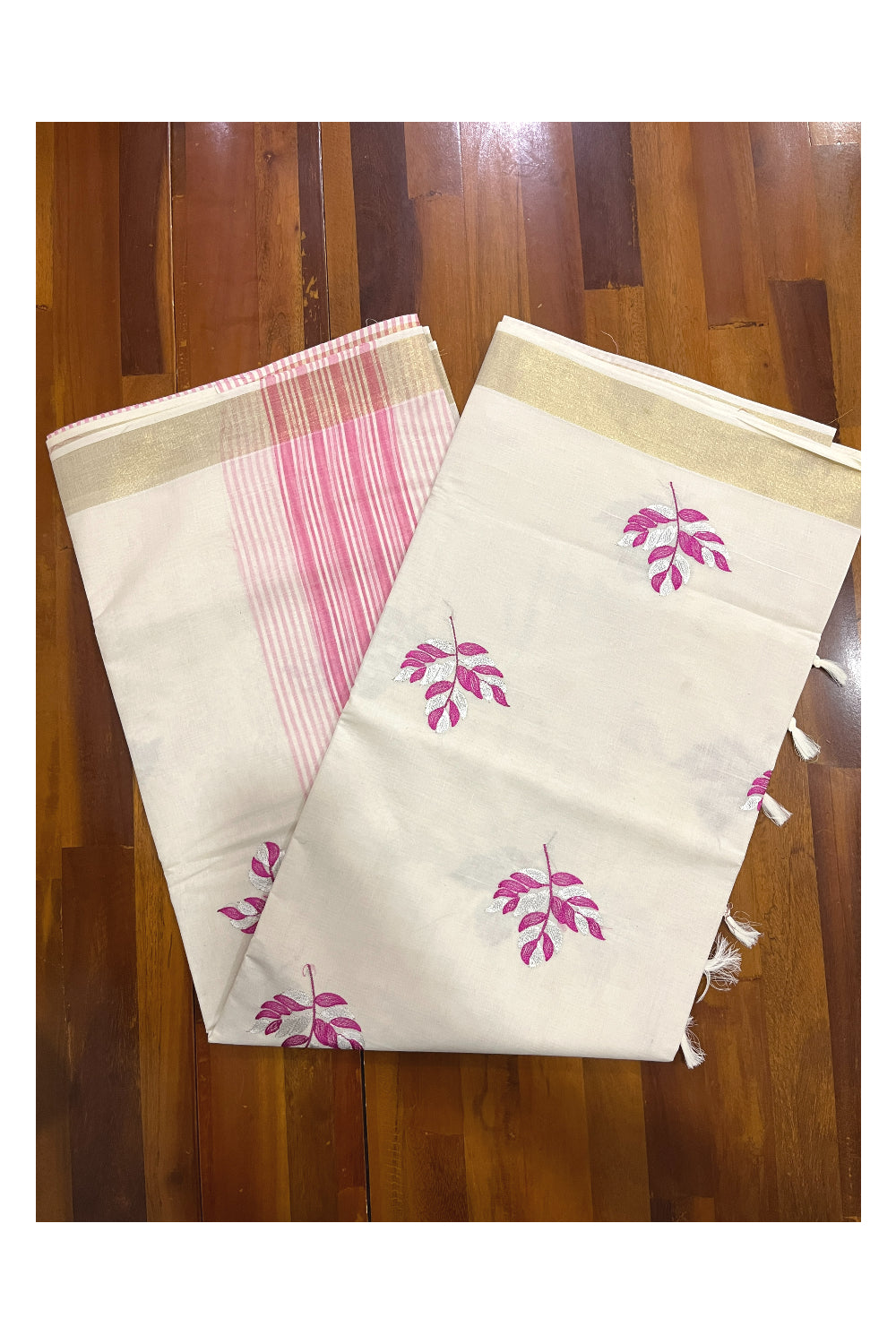 Pure Cotton Kerala Saree with Magenta Leaf Embroidery Work and Kasavu Border