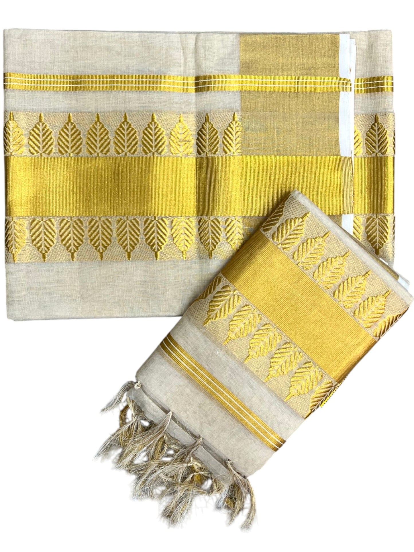 Southloom Premium Tissue Handloom Set Mundu with Leaf Design Kasavu Border (2.80 Mtr) SL632