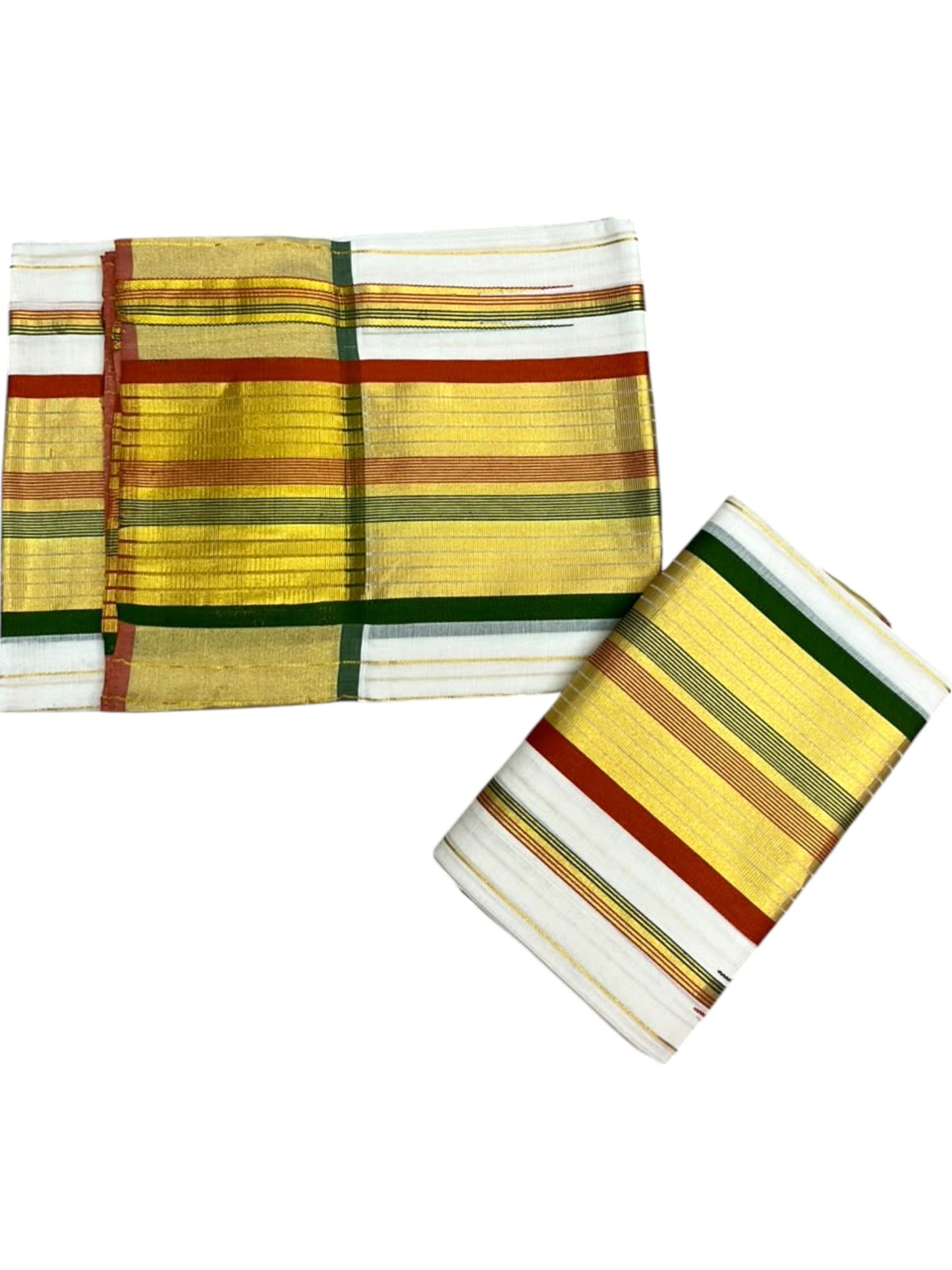 Southloom Premium Handloom Stripes Set Mundu with Maroon & Green Border and Kasavu Lines Across Body 2.80 Mtrs SL632