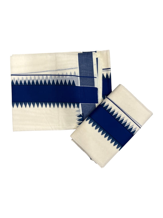 Kerala Pure Cotton Set Mundu Single (Mundum Neriyathum) with Blue Temple Border 2.80 Mtrs